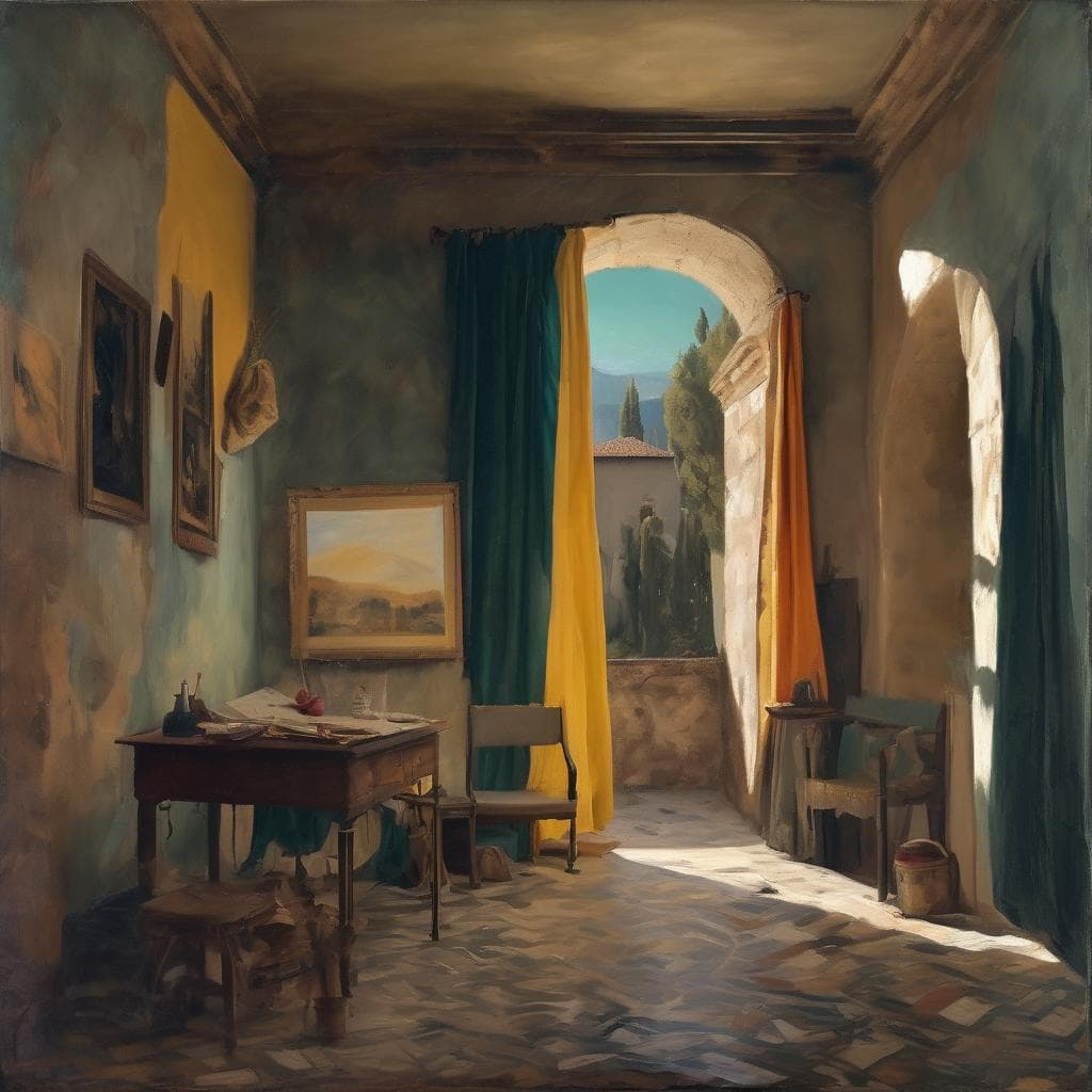 ρομαντικό ρετιρέ δωμάτιο με μεγάλη παράθυρο, αναπαράσταση τέχνης του σήμερα και επιρροές στην τέχνη.