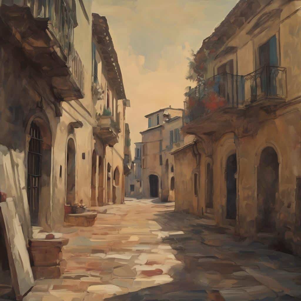 Γειτονιά με παραδοσιακά κτίρια, ελαιογραφία, τέχνη του σήμερα, επιρροές στην τέχνη, Αρχιτεκτονική και εικόνες τέχνης.